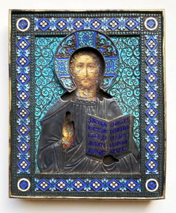 Pavel Ovchinnikov: Icon of Christ, Russia 1885 Silver & Cloisonné Enamel: Pavel Ovchinnikov (Russian, 1830 - 1888): Icon of Christ blessing and holding a book of Gospels, rectangular, traditionally painted, Overlaid by a silver-gilt and filigree cloisonné enamel oklad, wit