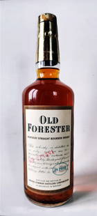 Old Forester Kentucky Straight Bourbon, 4/5 Qt. Bottled in 1969: Old Forester Kentucky Straight Bourbon, bottled in 1969. Brown-Forman Distillers Corporation. Bottled in U.S. Customs Bonded. 86 Proof, 43% Vol. 4/5 Qt. Into neck fill, sealed.