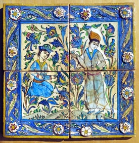 Persian Qajar Tile Panel with a Garden Scene, 18th Century