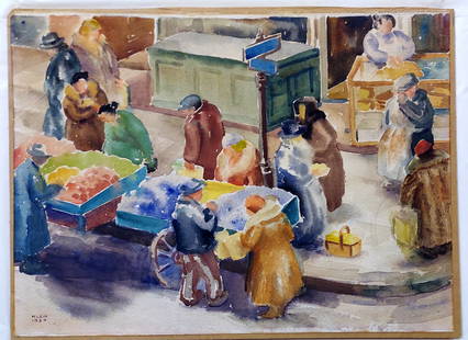 Medard Klein: Street Vendors, 1937 Watercolor: Street Vendors, 1937 by Medard P. Klein (American, 1905 – 2002). Watercolor, Signed & Dated KLEIN 1937 at Lower Right. Dimensions: Sight 13.25 x 9.5, Frame 20 x 16 inches. Medard Klein (American, 19