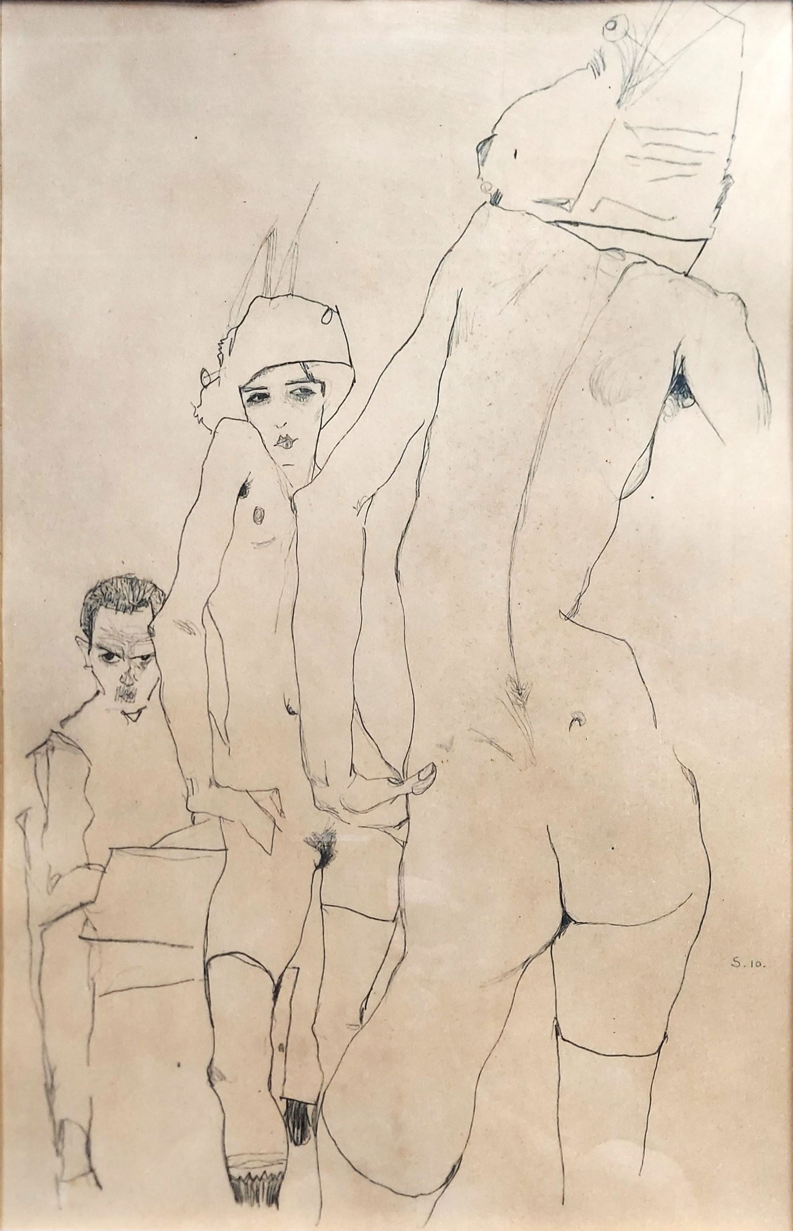 Egon Schiele: Drawing a Nude In Front a Mirror 1910 Lithograph: Egon Schiele (Austrian, 1890 - 1918): drawing a Nude Model In Front of a Mirror, lithograph. The monogram of the artist S.10 in plate on center right. After 1910 pencil drawing by Egon Schiele from Po