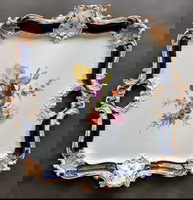 Meissen Flower Bouquet & Royal Blue Porcelain Square Tray 19 Century