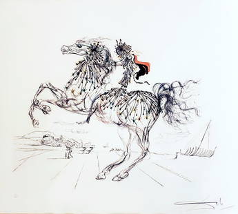 Salvador Dali, Signed: La Chevauchee Ed.232/300 Drypoint: Salvador Dali: La Chevauchee (Foray), Drypoint Aquatint on Arches, Pencil signed LR and numbered 232/300 to LL. COA. Plate 19" x 23". Folio 25" x 31". 24"x 27"x 3" frame. Year of Original Painting: 19