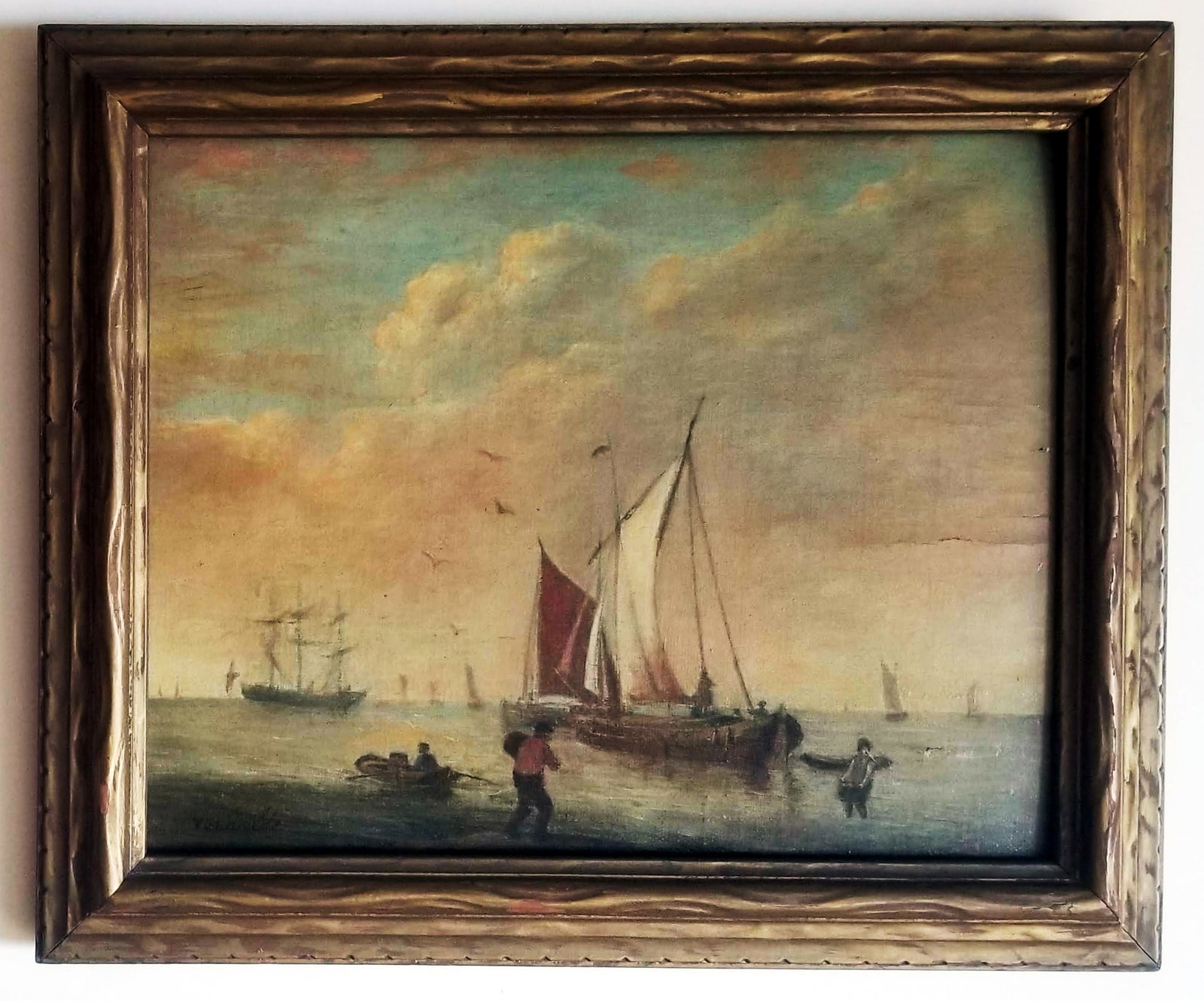 Vundgilde 1700s Denmark Oil/Canvas BM: Vundgilde (Water Feast) 18th Century Seascape, Denmark. Titled VUNDGILDE at Lower left. Oil painting, canvas laid on board. Signed or inscribed: Vundgilde at Lower left. Painting 12.5 x 10 , Frame 15 