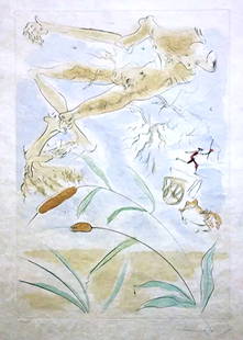 Salvador Dali: Le Chene et le Roseau, 1974 Pochoir Ed.36/250: Salvador Dali: Le Chene et le Roseau (The Oak and the Reed) Etching with Drypoint and Pochoir Colors Signed / Numbered in pencil by the artist on the lower front. Inscribed on verso: La