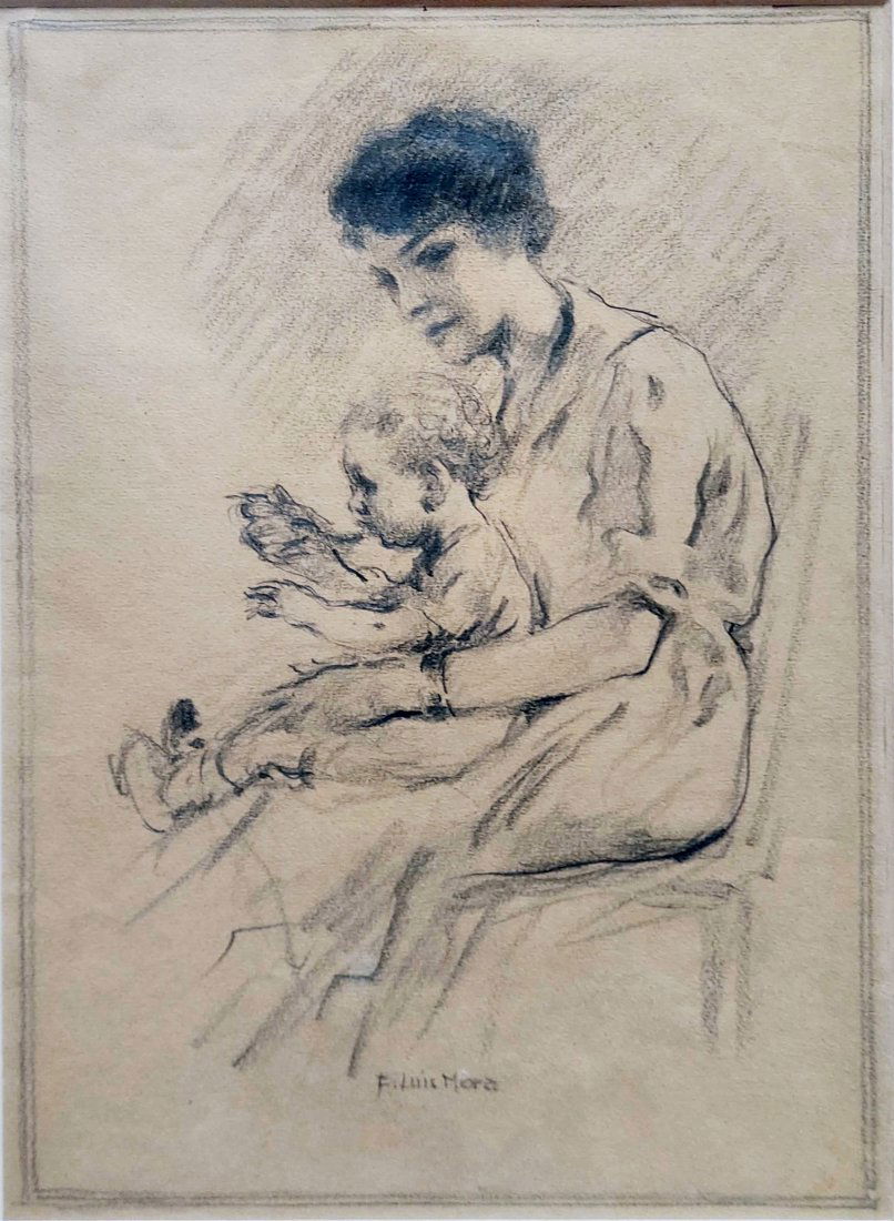 Francis Luis Mora: Feeding Rosemary, 1919 Charcoal Study (1 of 4)