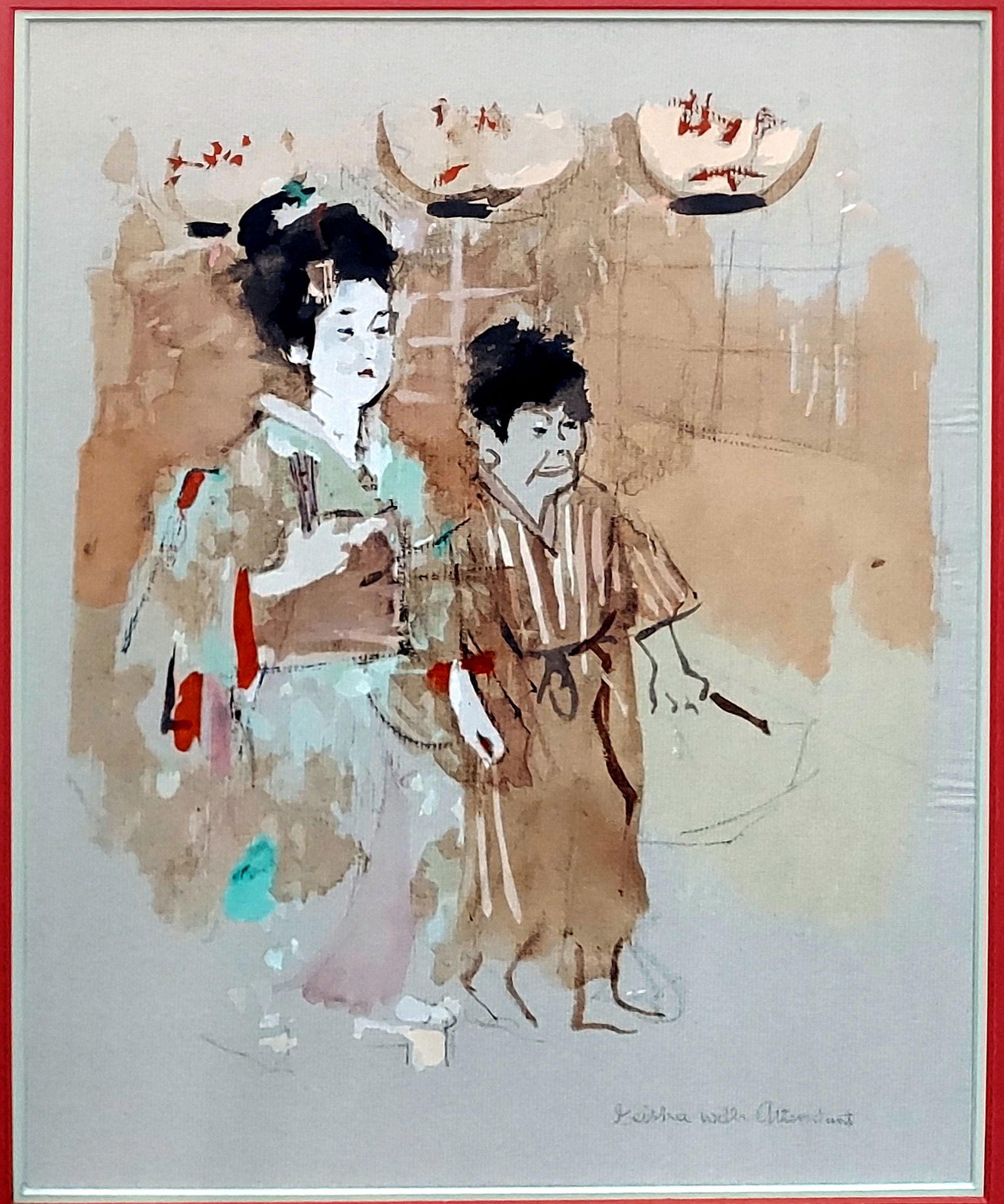 Jack Levine: Geisha with Attendant 1970, Embellished Pochoir: Jack Levine (American, 1915-2010): Geisha with Attendant, from the portfolio Facing East, 1970. Pochoir, hand-embellished on Ingres paper. Dimensions: Sheet 14.5 x 11.5 in. Frame 21 x 18 in.
