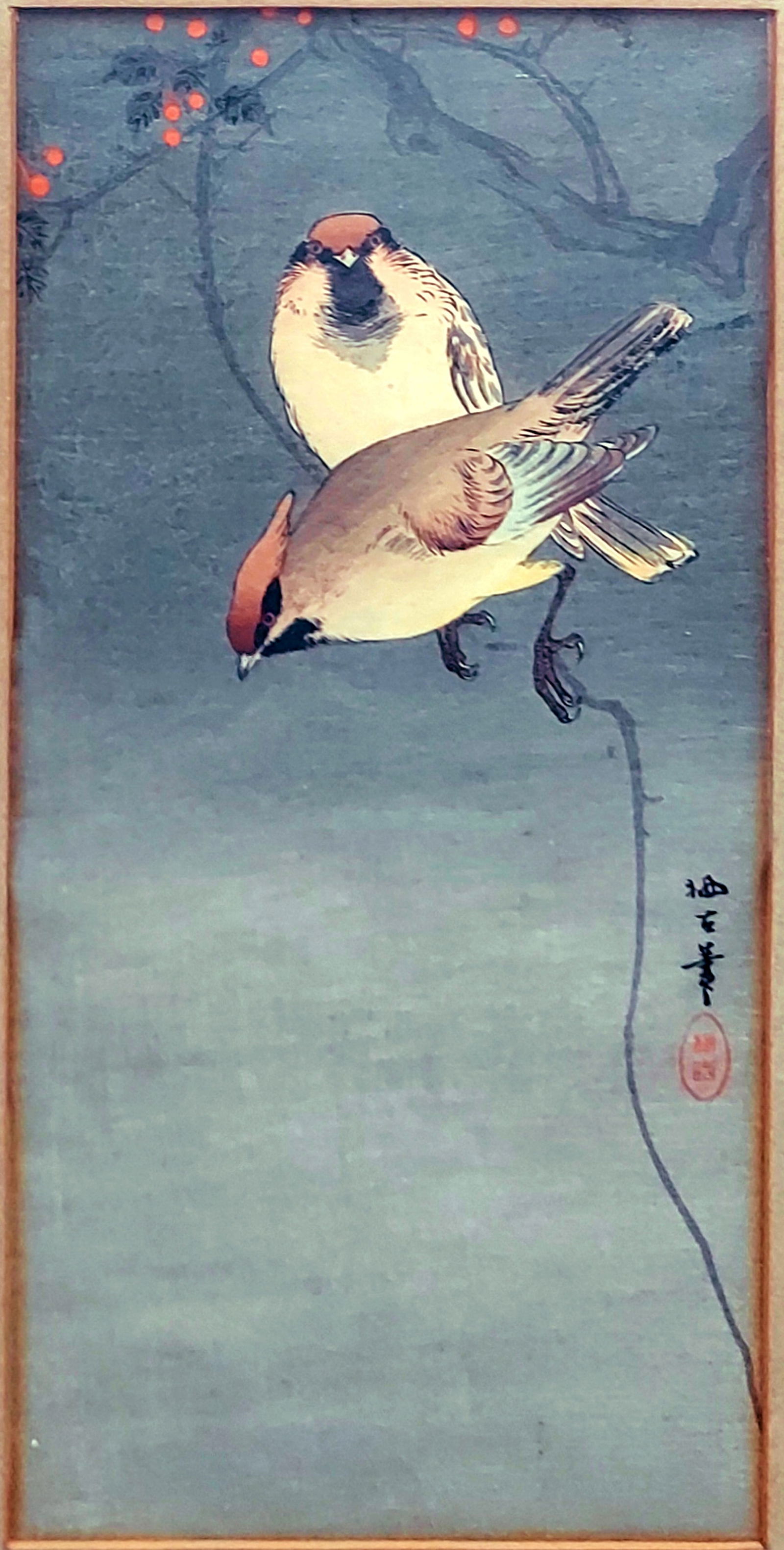 Ohara Koson: Starlings & Red Berries 1910s Woodblock: Starlings and Red Berries, woodblock on mulberry paper, embellished by hand. Artist: Koson Ohara (Japanese, 1877-1945) Publisher: Daikokuya Date: 1910s Dimensions: 7.5x 13.7 inches Seal and Signature