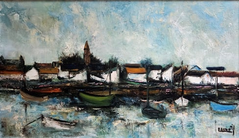 Roger Escudie: L’ile de Noirmoutier Bateaux 1970 Oil/Canvas