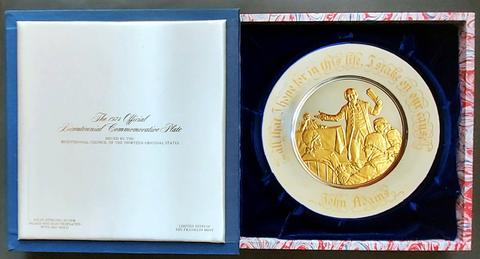 John Adams 1974 Sterling Silver & Gold Bicentennial Plate Auction
