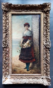 Baratto Romanelli: Girl with Basket of Flowers Oil/Canvas