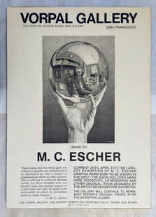 M.C. Escher: Lithograph Poster 1970 Vorpal Gallery San Francisco: M.C. Escher Lithograph Poster, 1970 Vorpal Gallery, San Francisco. Never mounted. 28 x 20 inches. The Lithographic poster by the Vorpal Gallery San Francisco, CA, an authorised dealer for M.C. Escher