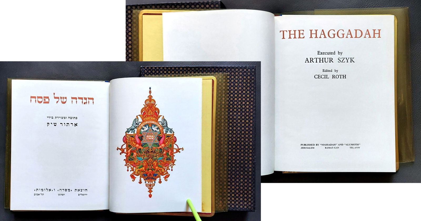 Arthur Szyk: the Haggadah c.1958: Arthur Szyk (1894-1951): the Haggadah c.1958. Cecil Roth (editor/translator) Massadah and Alumoth, Jerusalem, Ramat-Gan, Tel-Aviv, c.1958. Blue velvet binding with gold and color embroidery. English &