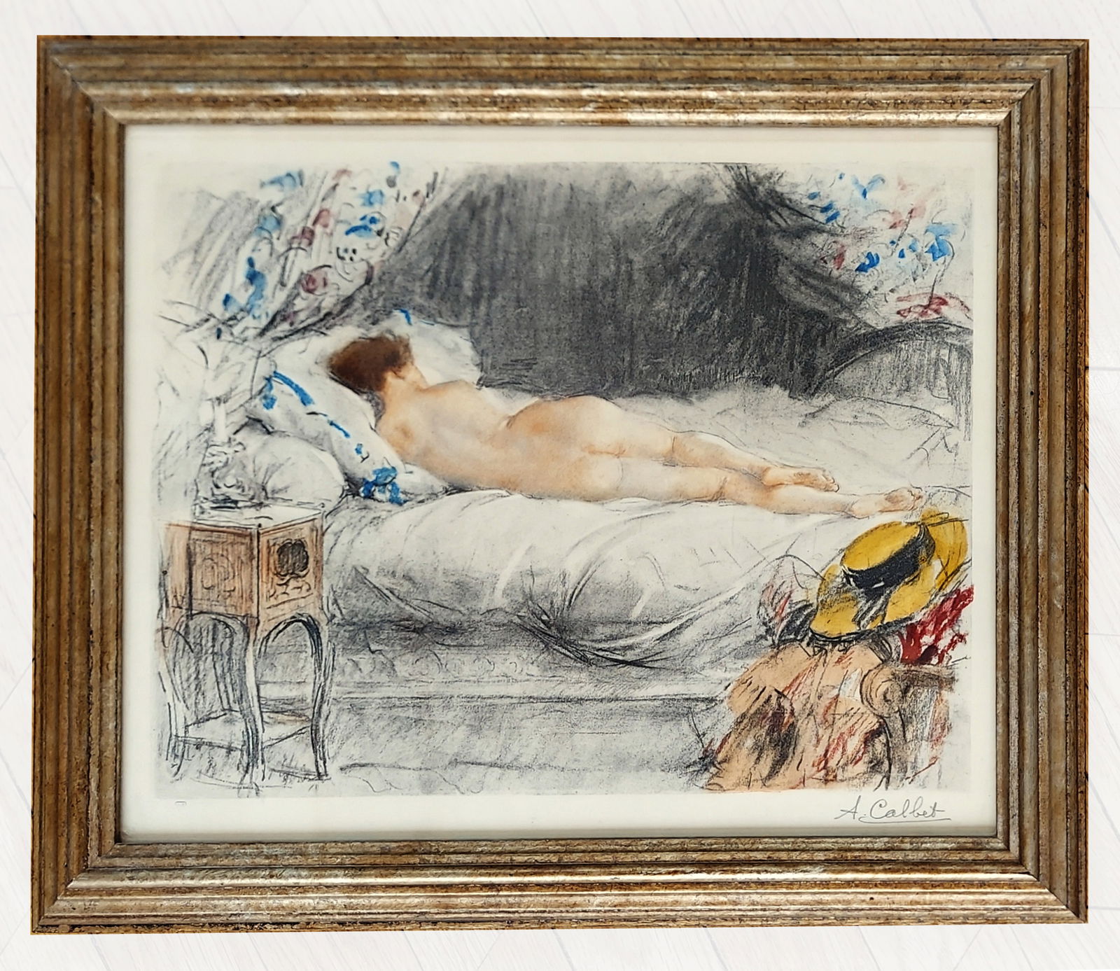 Antoine Calbet: Nue Allongée, 1920s Etching: Antoine Calbet (French-English, 1860 – 1944): Nue Allongée, Lithograph. Signed at Lower Right. Triangular publisher’s monogram S.Z.L at the Lower Left. Printed/Published by Sydney Z. Lucas, Paris