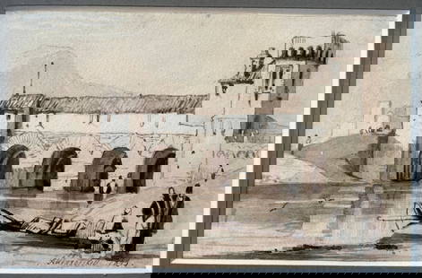 Ivan Aivazovsky: Scene in Ottoman Turkey, 1843 Ink, Wash on Paper: Ivan Aivazovsky (Russian-Armenian, 1817 - 1900): Scene in Ottoman Turkey, 1843, Ink, wash on paper. Dimensions: Site 4.5 x 3, Frame 14 x 11 inches. Ivan Konstantinovich Aivazovsky (1817 - 1900) was a