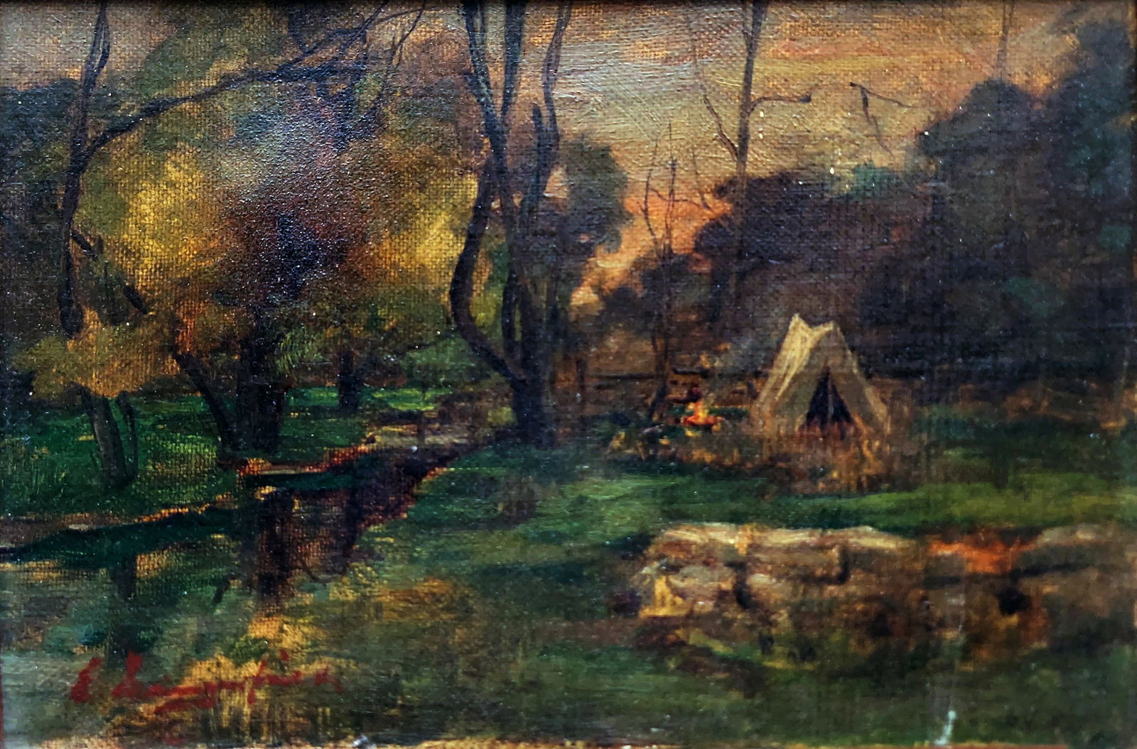 Elliot Daingerfield: Campfire by the Brook, 1900s Oil on Canvas (1 of 4)