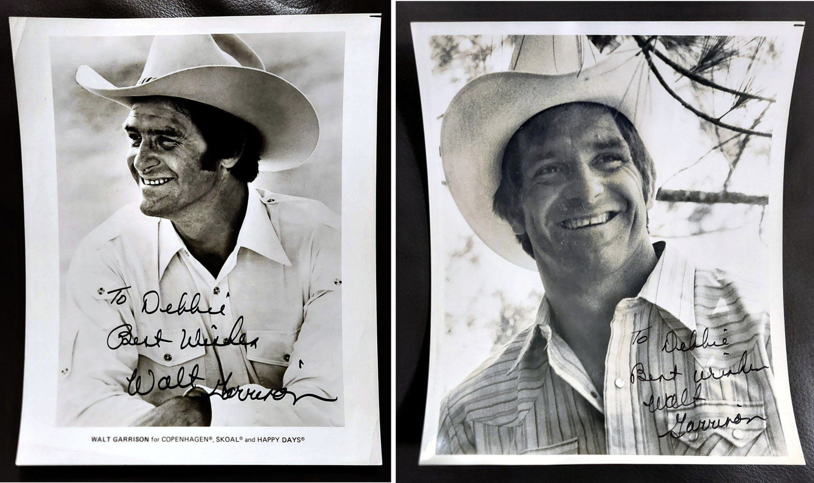 NFL Walt Garrison: Two Inscribed Photographs c.1974: Walt Garrison hand-inscribed promotional photo for the United States Smokeless Tobacco Company (USST) Skoal, Happy Days and Copenhagen moist snuff tobacco. Signed to Deborah Duchin, daughter of Playbo