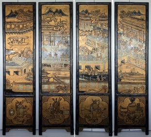 Chinese Palace Scene, Four Panels Screen Carving & Gilt 1800s