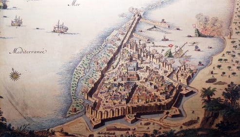 City of Tripoli 1685 Attack by French Navy, Color Engraving