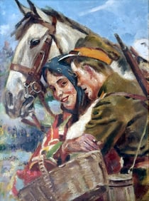Wojciech Adalbert Kossak: Lancer's Courtship - Zaloty Ulana 1927 Oil Study