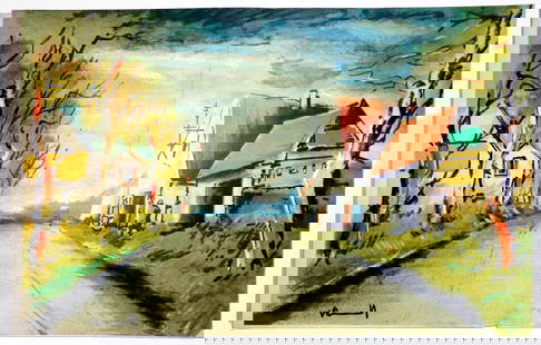 Maurice de Vlaminck: La Route 1957 Lithograph by Mourlot: Vlaminck, by Pierre Mac Orlan Edition on 2000, 1958, Monte Carlo, Sauret and New York, Universe Books. Full-color double size (13x 24 in) original lithograph 1957 of Vlaminck by Mourlot. Four original