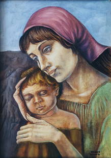 Nahum Gilboa: Motherhood 1950s Oil on Board: Nahum Gilboa (Israeli, 1917-1976): Motherhood 1950s Oil on Board. Signed to the Lower Right. Sight 12.5 x 9 , Frame 17.5 x 13.5 inches. Nahum Gilboa (1917-1976) was an Israeli artist in the Lyrical Re