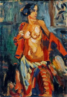 Israeli Painting 1949: Female Nude, Tempera on Paper: Early Israeli painting, in oil paint on paper. Signed in ink and dated '49at the lower left, it also bears on verso a label of A. Boehm gallery/shop in Tel Aviv. Board 19 x 14 inches, contemporary fra