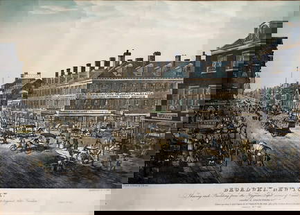 After T. Hornor: Broadway, New York 1836 Lithograph: Titled: Broadway, New York. Showing each Building from the Hygeian Depot corner of Canal Street to beyond Niblos Garden. Depicting northbound Broadway from below Canal Street in New York, 1836. Showin