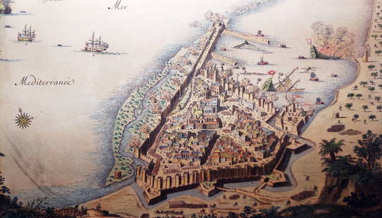 City of Tripoli 1685 Attack by French Navy, Color Engraving: Plan of the city of Tripoli in Barbary, attacked by the French Royal Navy, commanded by Marshal d'Estr ées Vice Admiral of France, June 22, 1685. 1685 etching illustrates the French