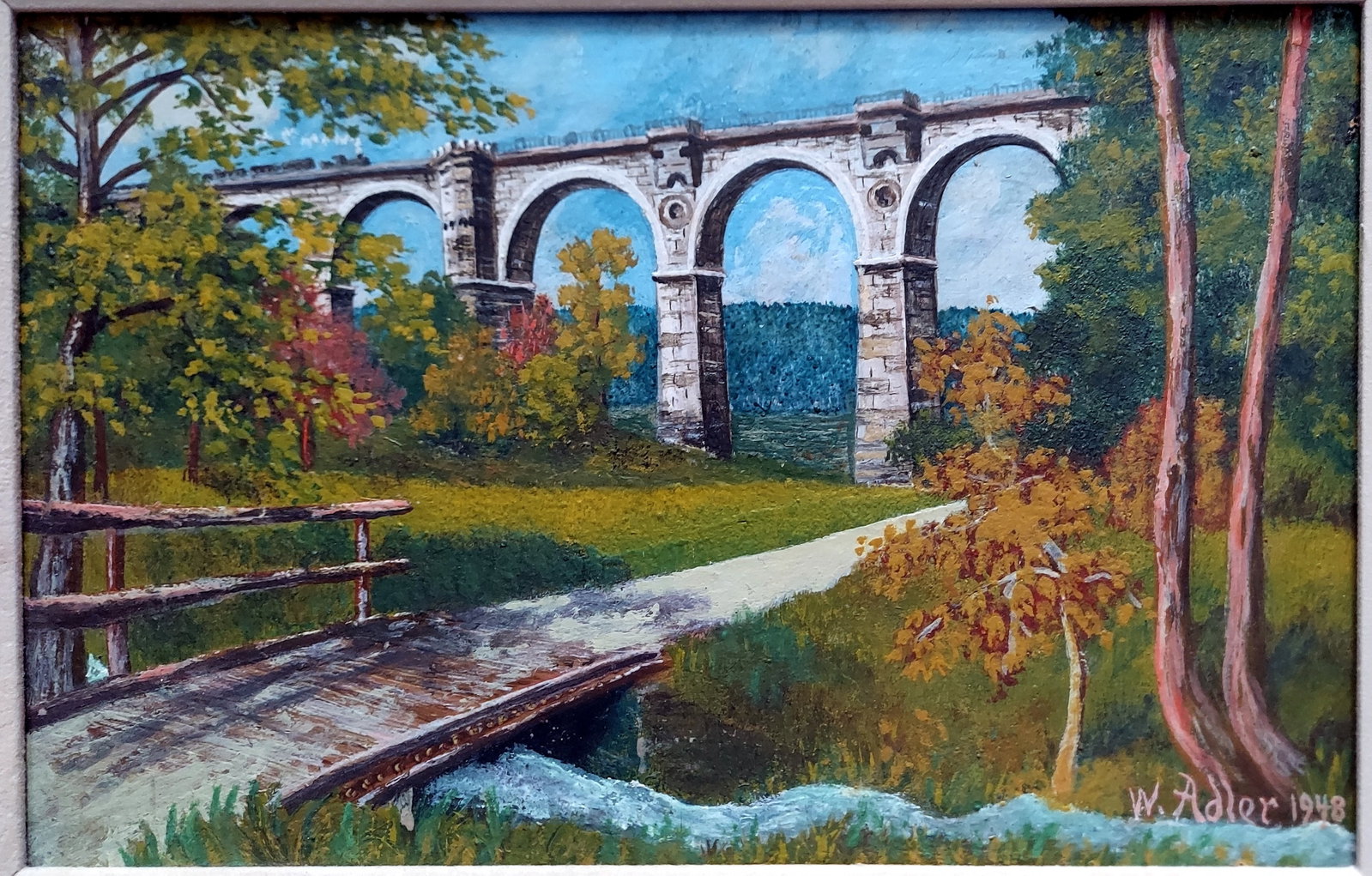 W. Adler: Hetzdorfer Viaduct, Saxony, Germany 1948 Oil on Canvas: W. Adler: Railway viaduct - Hetzdorf, Chemnitz, Erzgebirge, Saxony. Oil on Canvas, 1948. Signed and dated at the Lower Right. Dimensions: Sight 14.5 x 9 in. Frame 18 x12.5 in.