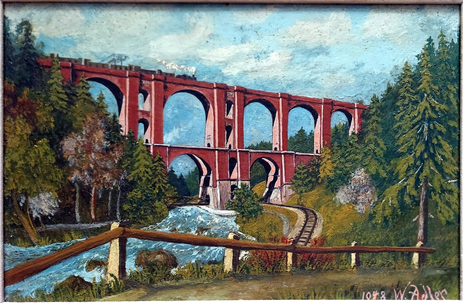 W. Adler: Elster Viaduct, Weischlitz, Saxony Germany 1948 Oil on Canvas: W. Adler: Elster Viaduct, Weischlitz, Saxony Germany Erzgebirge, Saxony. Oil on Canvas, 1948. Signed and dated at the Lower Right. Dimensions: Sight 15 x 9.5 in. Frame 18 x 12.5 in. The Elster Viaduct