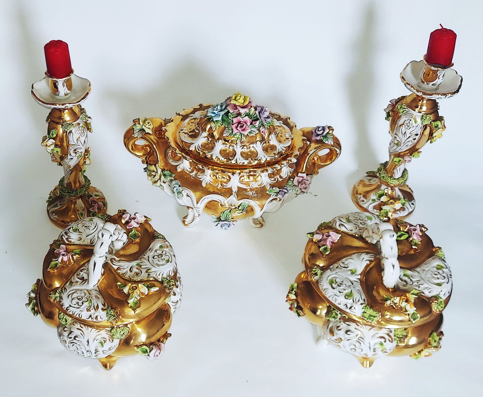 Benrose Capodimonte Porcelain Set: Tureen 2 Bowls 2 Candlesticks: Benrose Capodimonte Porcelain handmade and hand painted Rococo Set: one Lidded Soup Tureen, Two Lidded Bowls, and Two Candlesticks. Tureen 15 x 11.5 inches. Bowls 9.5 x 9 inches. Candlesticks 12.75 in