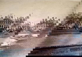 Francis Bedford: Eaton Hall, 182 Albumen Print: Eaton Hall (Waterhouse), Chester, Cheshire County England, about 1882, 8" x 11" Albumen silver print. The photograph c.1882 with the East garden front of Waterhouse's Eaton Hall. The main block is on