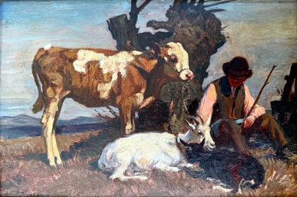 Julius Paul Junghanns: Shepard under the Tree, Oil on Wood