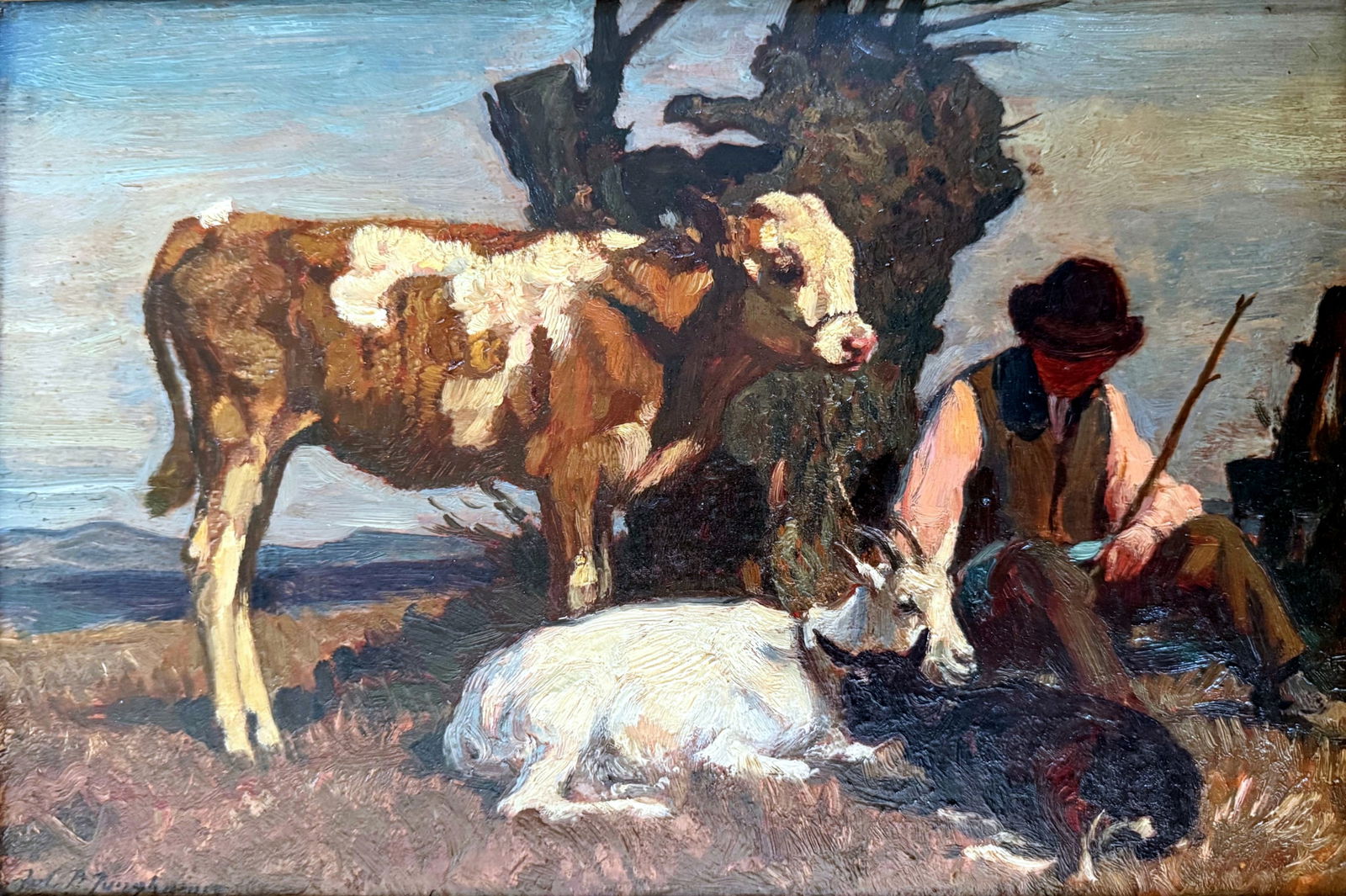 Julius Paul Junghanns: Shepard under the Tree, Oil on Wood (1 of 3)