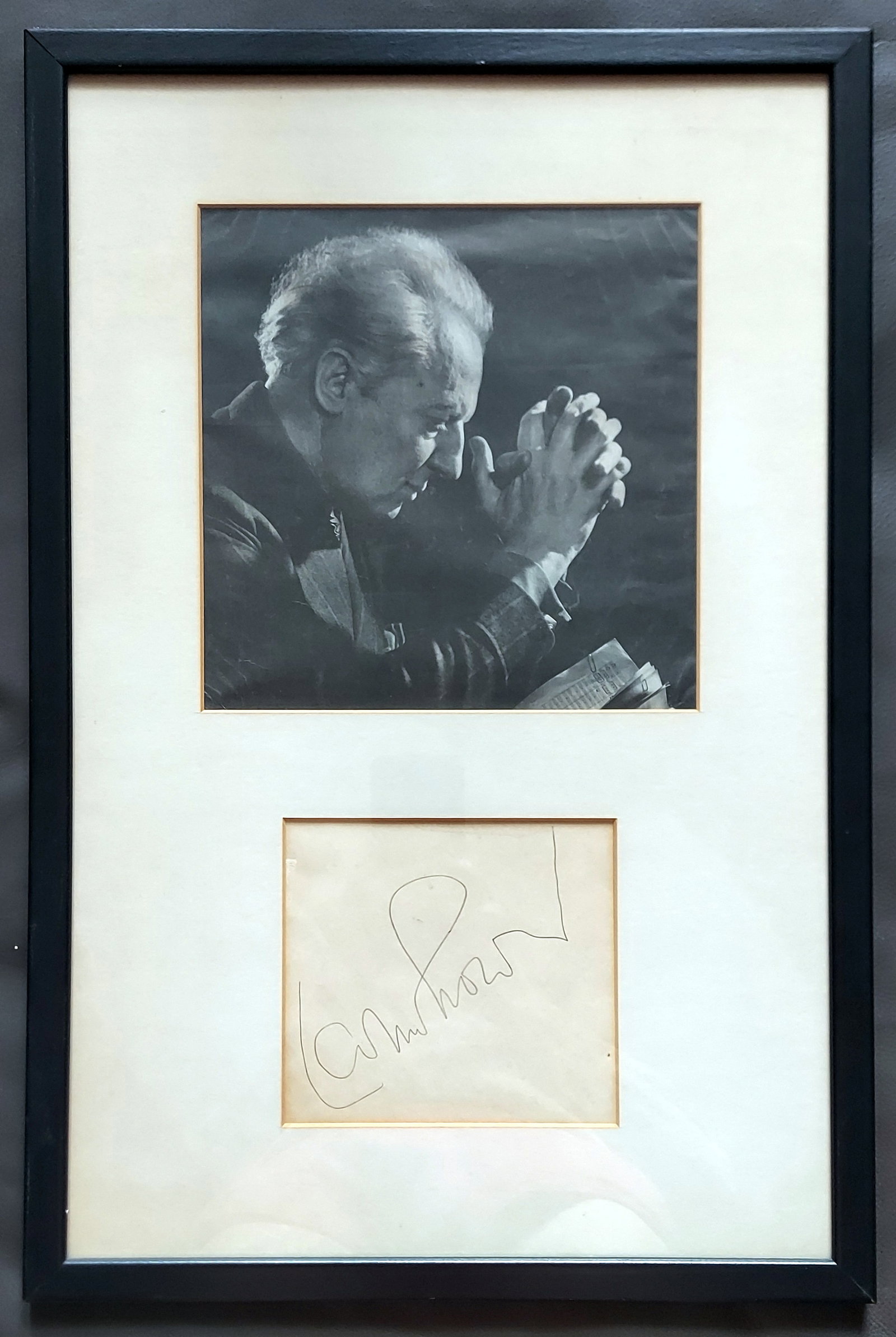 Leopold Stokowski: Signature in Pencil & Photograph c.1940s: Conductor Leopold Stokowski signature in pencil under the offset photo portrait, c.1940s. The conductor signed a 6 x 5.5 inches card. Signature: Leopold Stokowski. Frame 22.5 x 15 inches. Leopold Stok