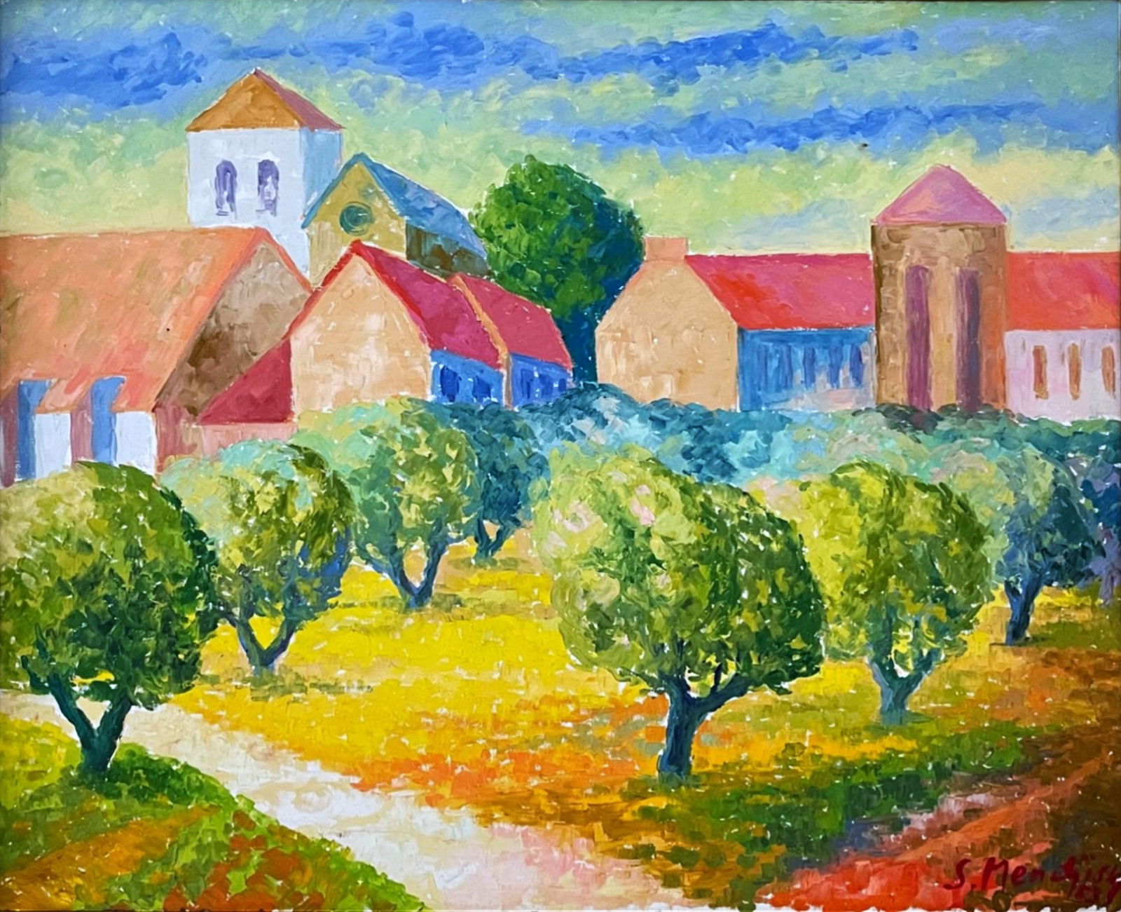 Serge Mendjisky: Monastery at Saint Remy, 1958 Oil on Canvas: Serge Mendjisky (French, 1929 - 2017): Monastery Saint-Paul de Mausole, Saint-Rémi-de-Provence, 1958. Oil on Canvas 29 x 24, Frame 37.5 x 32 inches. Signed and dated at the Lower Right, Verso: Findla