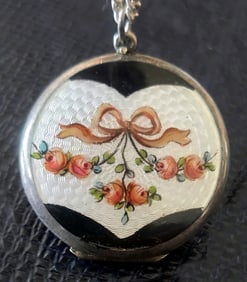 Antique Sterling Silver Blue Guilloche Enamel Locket with Roses