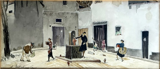 Alexis Gritchenko: The Fountain in the Square 1920s Watercolor