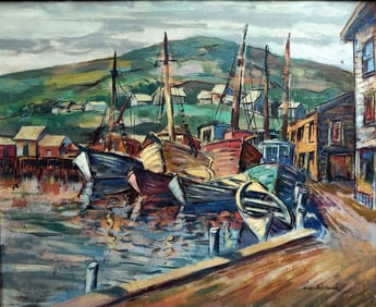 Louis Wolchonok: Fishermen Boats, Gloucester, 1940s Oil/Canvas