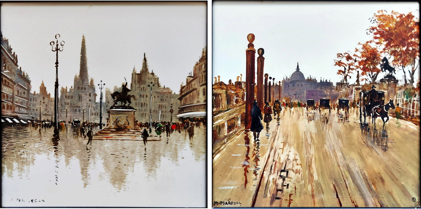 Mario Maresca: Street of Paris 1949 Porcelain Plaques Pair: Mario Maresca (1877-1959, Italian), Streets in Paris. Dimensions: Pair of Porcelain Plaques, each: 8 x 8, Frame 11 ½ x 11 ½ inches. Oil on porcelain plaques, c.1949, Signed M. Maresca at Low