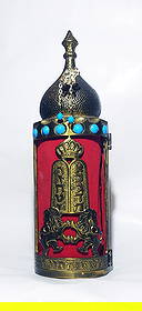 Sefer Torah in 12-inch Gilded Ark, Vintage, Made in Israel: Large Vintage Sefer Torah scroll housed in an ornate gilded 12-inch brass metal Tik (Ark) with blue enamel and gold-colored accents and chiseled Rimon. Handmade in Israel. Dimensions: 12 x 3.75 inches