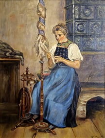 R. Jauch: Woman Spinning Wool, 1950s Oil on panel