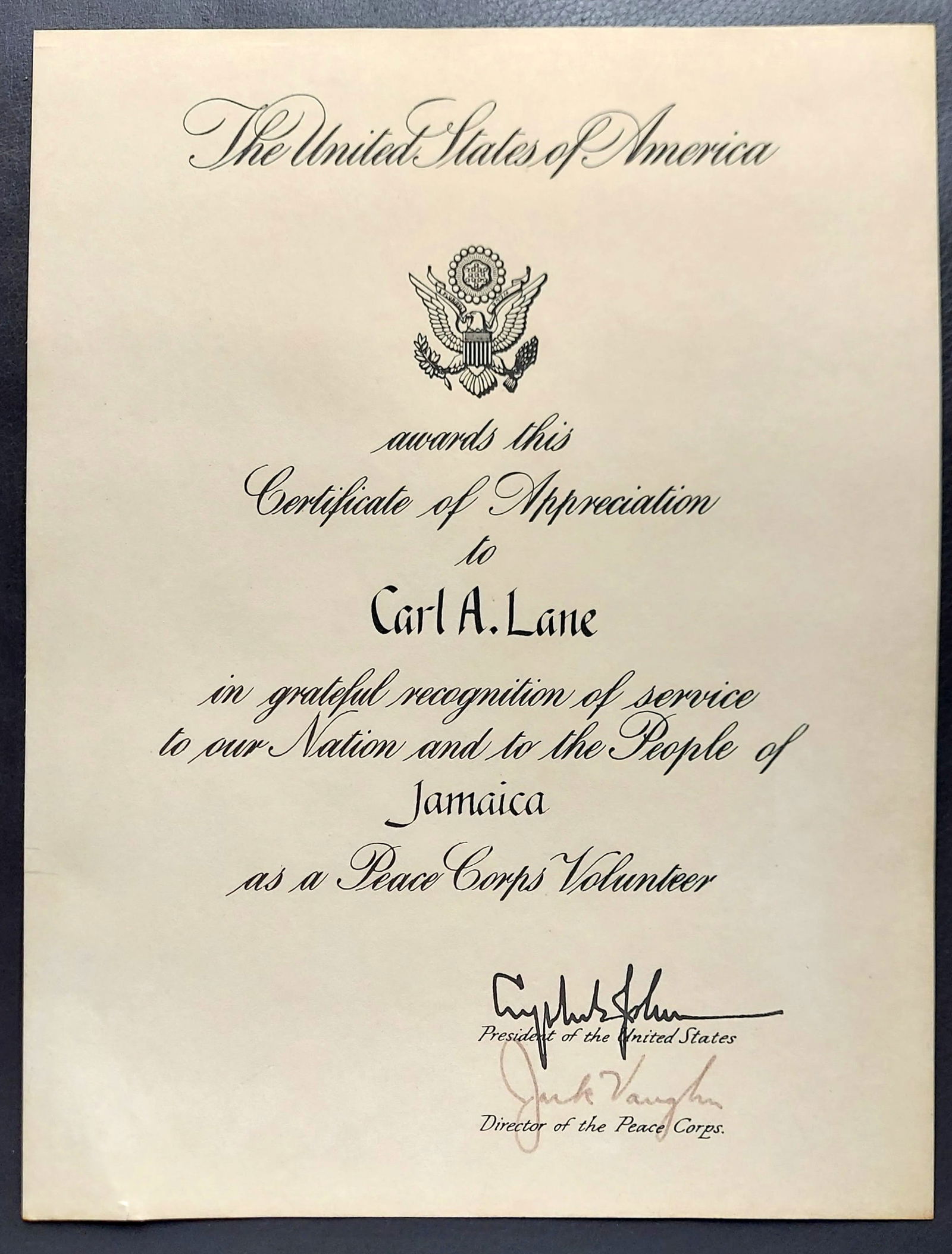 President Lyndon Johnson, Peace Corps Head Jack Vaughn Signatures: The Certificate of Appreciation signed by the President of the USA Lyndon B. Johnson and a director of the Peace Corps Jack H. Vaughn, on behalf of the United States of America for service in Jamaica