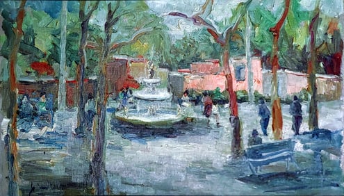 Saint-Tropez Fountain, Provence 1950s Oil/Panel