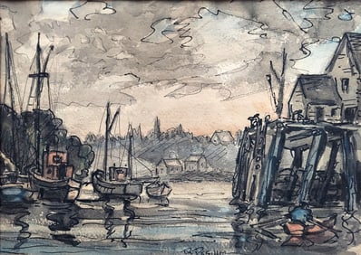 Frederick Detwiller: New Harbor Maine 1935 Ink Wash Watercolor
