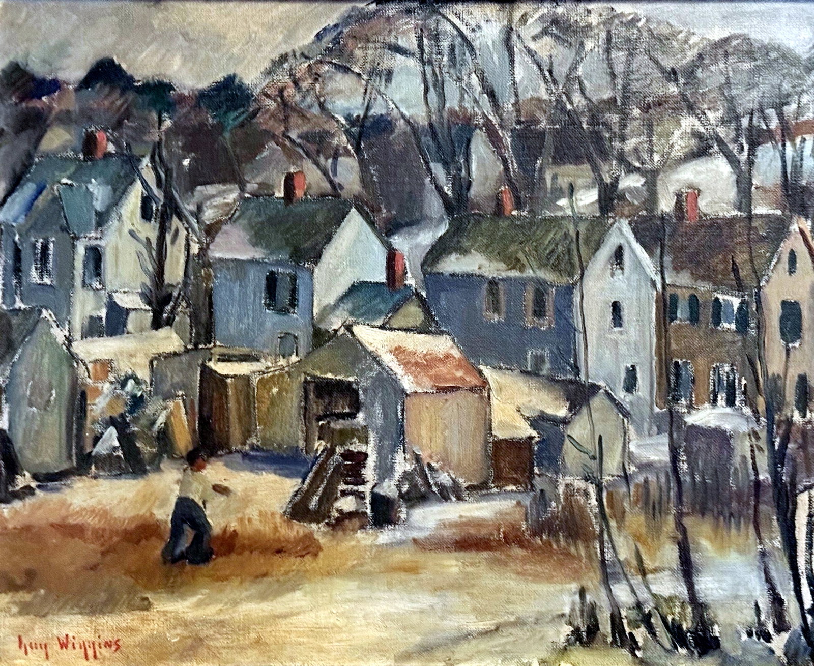 Guy Wiggins: Cityscape, c.1930s Oil on Canvas: Guy Carleton Wiggins (American 1883-1962): Cityscape c.1930s. Signed at Lower Left. Verso, signed and dated on canvas. Oil on Canvas 22 x 18, Frame 26 x 22 inches.Guy Carleton Wiggins (American 1883-1