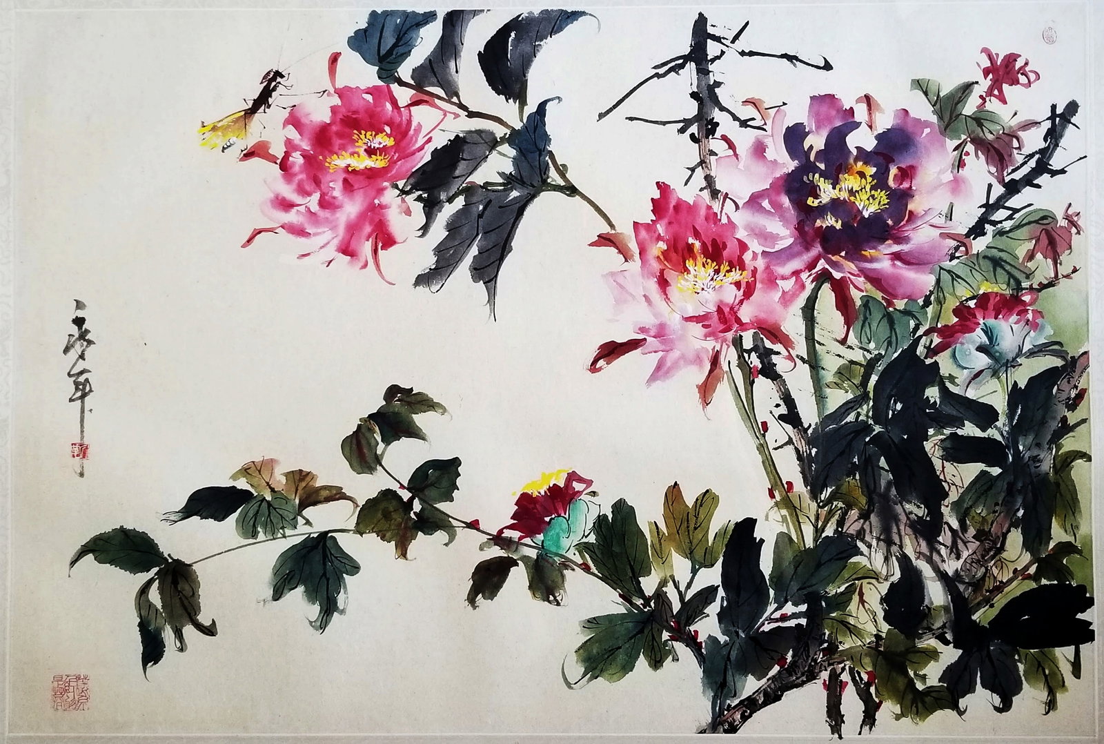 Kan Wing Ling: Peony 1970s Watercolor: Wing-Lin Kan (Chinese, 1914-2004): Peony Painting 24 x 33 , Framed 29 x45 inches. Watercolor on paper, silk mounted. Signed Yong Nian with three seals of artist. Kan Wing Ling was an eminent Lingnan p