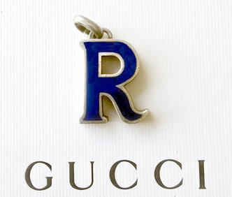 Gucci Silver & Navy Blue Enamel Letter R Pendant 1975 London UK