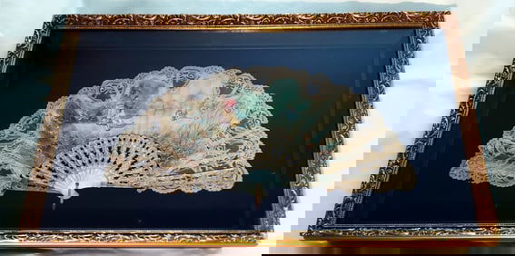 Decorated Fan: Painted Garden Date, Openwork Mother-Of-Pearl Ribs